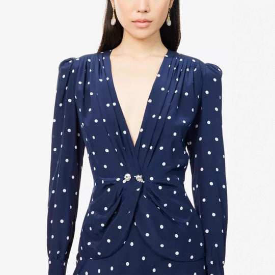 Damen Elegantes Polka-Dot Maxikleid mit tiefem V-Ausschnitt Nord Taschen