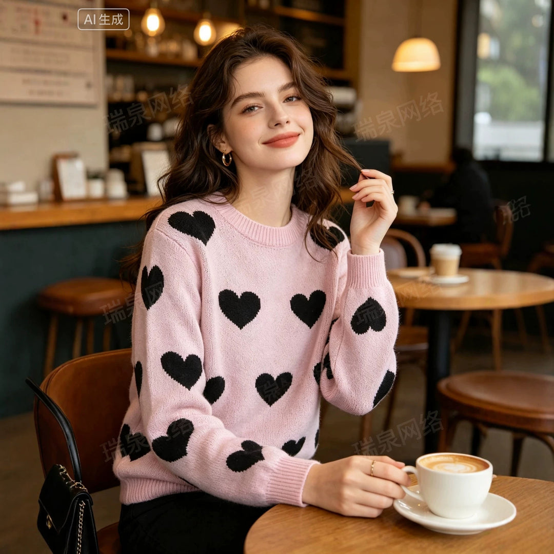 Damen Oversize-Strickpullover mit Herz‑Jacquard und Rundhalsausschnitt Nord Taschen