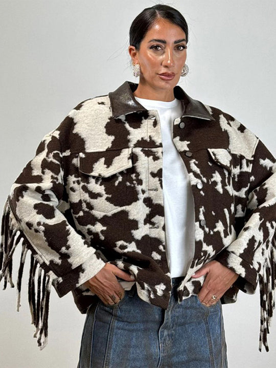 Damen Kurzjacke im Cowprint mit Fransen, Kunstfell‑Optik und Lederkragen Nord Taschen