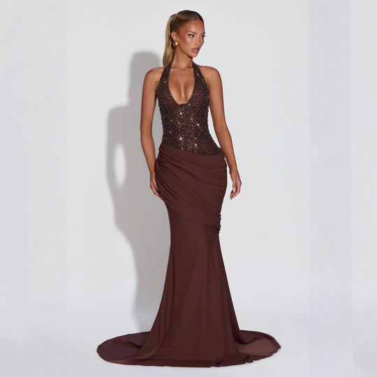 Damen Glamouröses Abendkleid mit tiefem V-Ausschnitt und dekorativen Pailletten