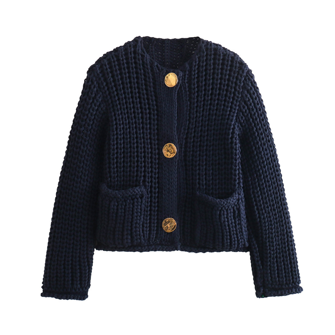 Damen Grobstrick-Cardigan mit V‑Ausschnitt, goldener Knopfleiste und aufgesetzten Taschen Nord Taschen