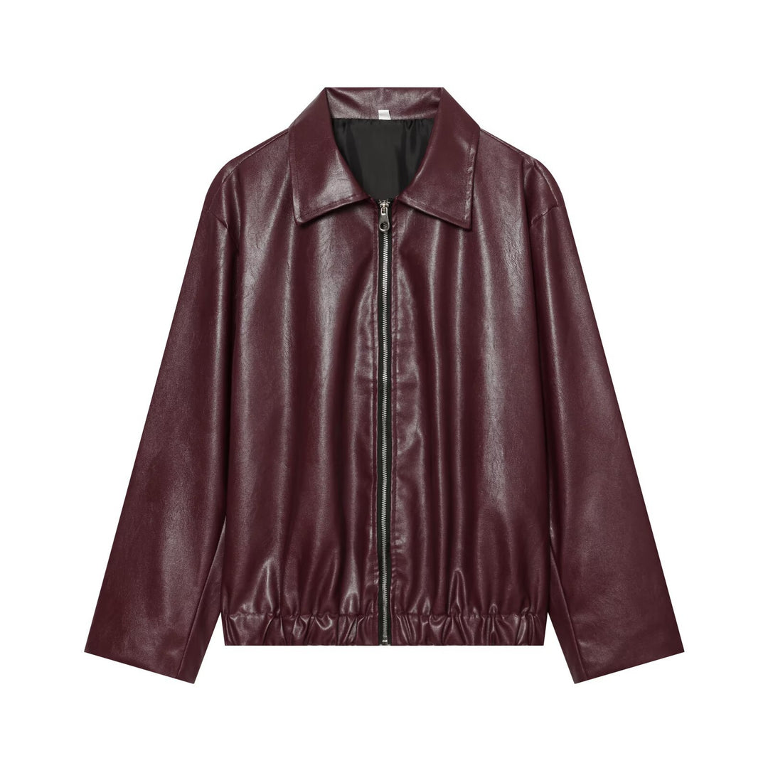 Damen Weiter Kunstleder-Blouson mit durchgehendem Reißverschluss, Hemdkragen und gerafftem Saum Nord Taschen