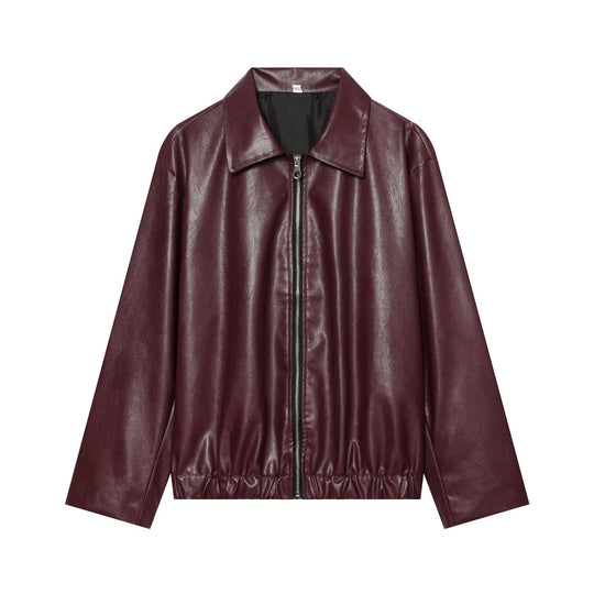 Damen Weiter Kunstleder-Blouson mit durchgehendem Reißverschluss, Hemdkragen und gerafftem Saum Nord Taschen