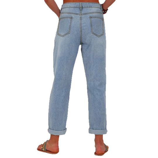 Damen Gerade geschnittene Jeans mit bunten Blumenapplikationen und leichten Destroy-Details Nord Taschen