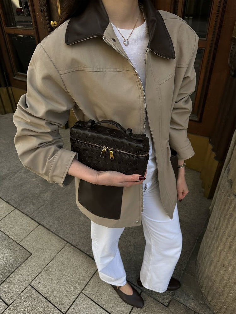 Damen Boxy-Fieldjacke mit kontrastkragen in Lederoptik und aufgesetzten Taschen Nord Taschen