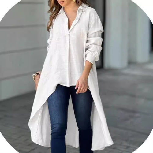 Damen Leichte Leinen‑Tunika‑Bluse mit asymmetrischem High‑Low‑Schwanz und Hemdkragen Nord Taschen