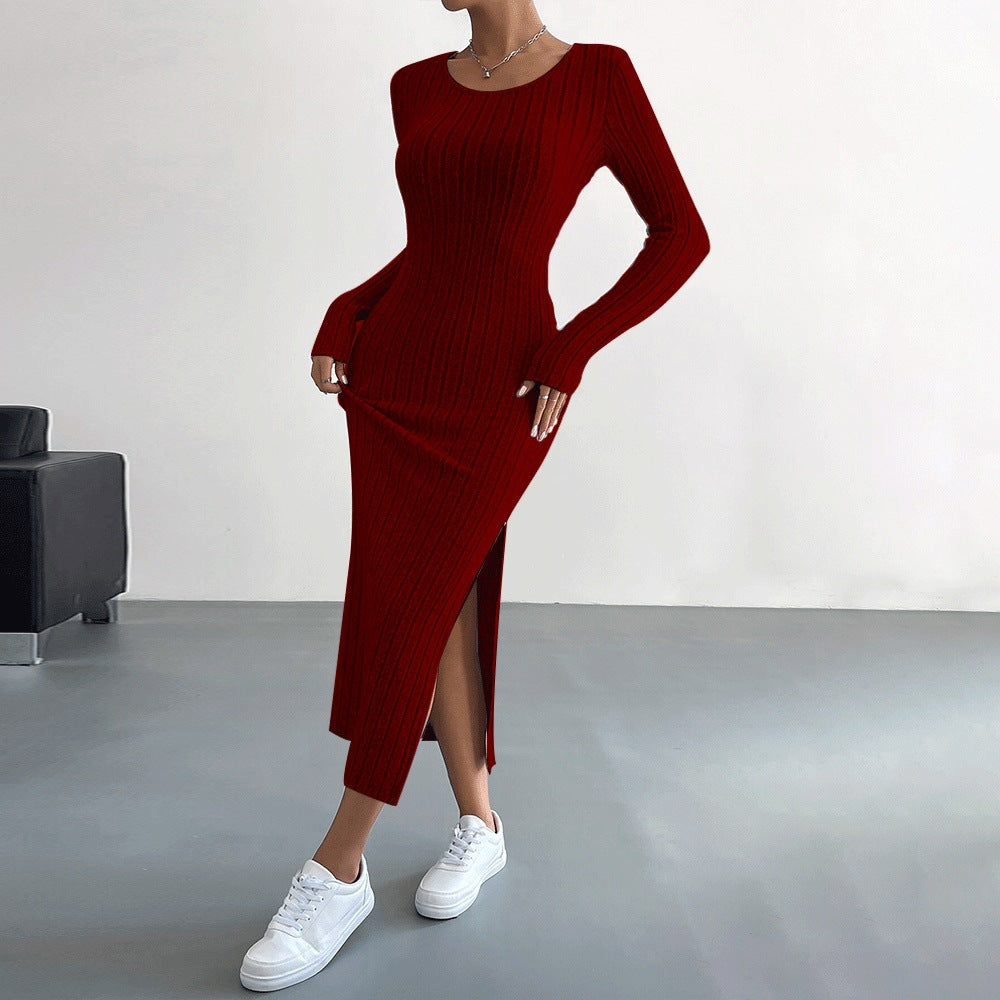 Damen figurbetontes Rippenstrick-Midikleid mit schmaler Silhouette, Rundhalsausschnitt und seitlichem Oberschenkelschlitz Nord Taschen
