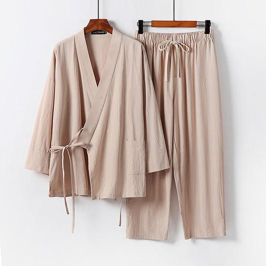 Unisex Leichtes Kimono-Lounge-Set aus weichfallendem Baumwoll-Mix mit Tunnelzughose Nord Taschen