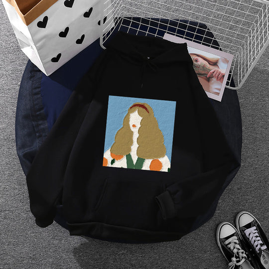 Damen nan Kapuzenpullover mit kunstvoller Chenille-Stickerei im Portraitstil und Kängurutasche Nord Taschen