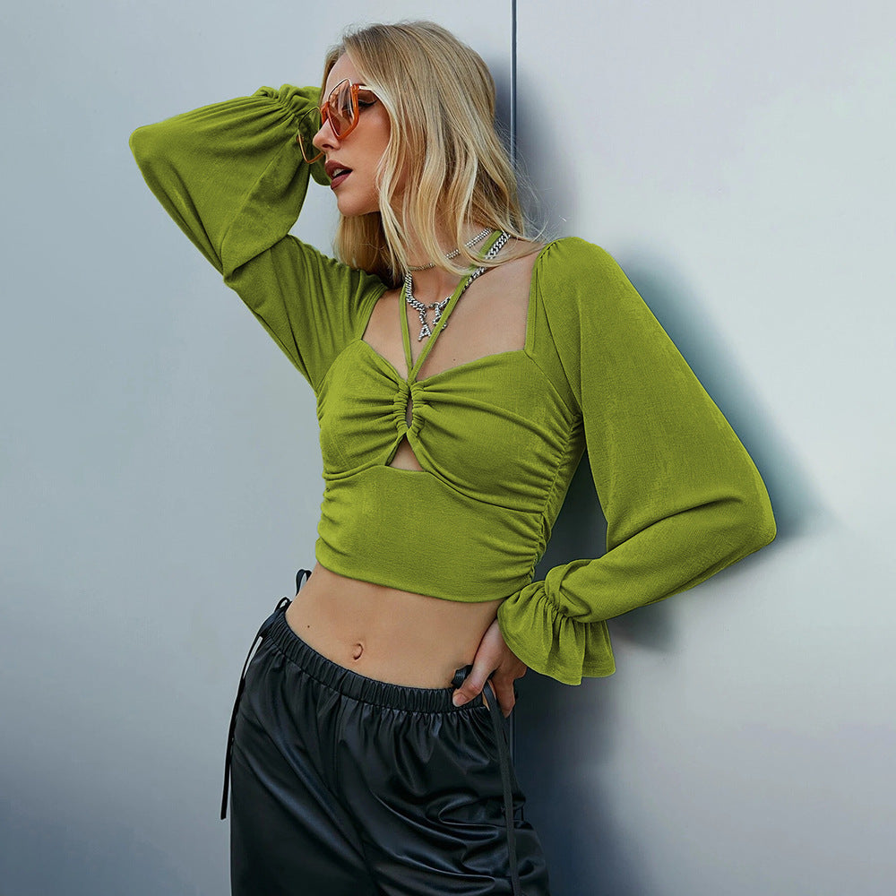Damen gerafftes Crop-Top mit Herz-Bustier, Knoten-Detail und voluminösen Trompetenärmeln Nord Taschen