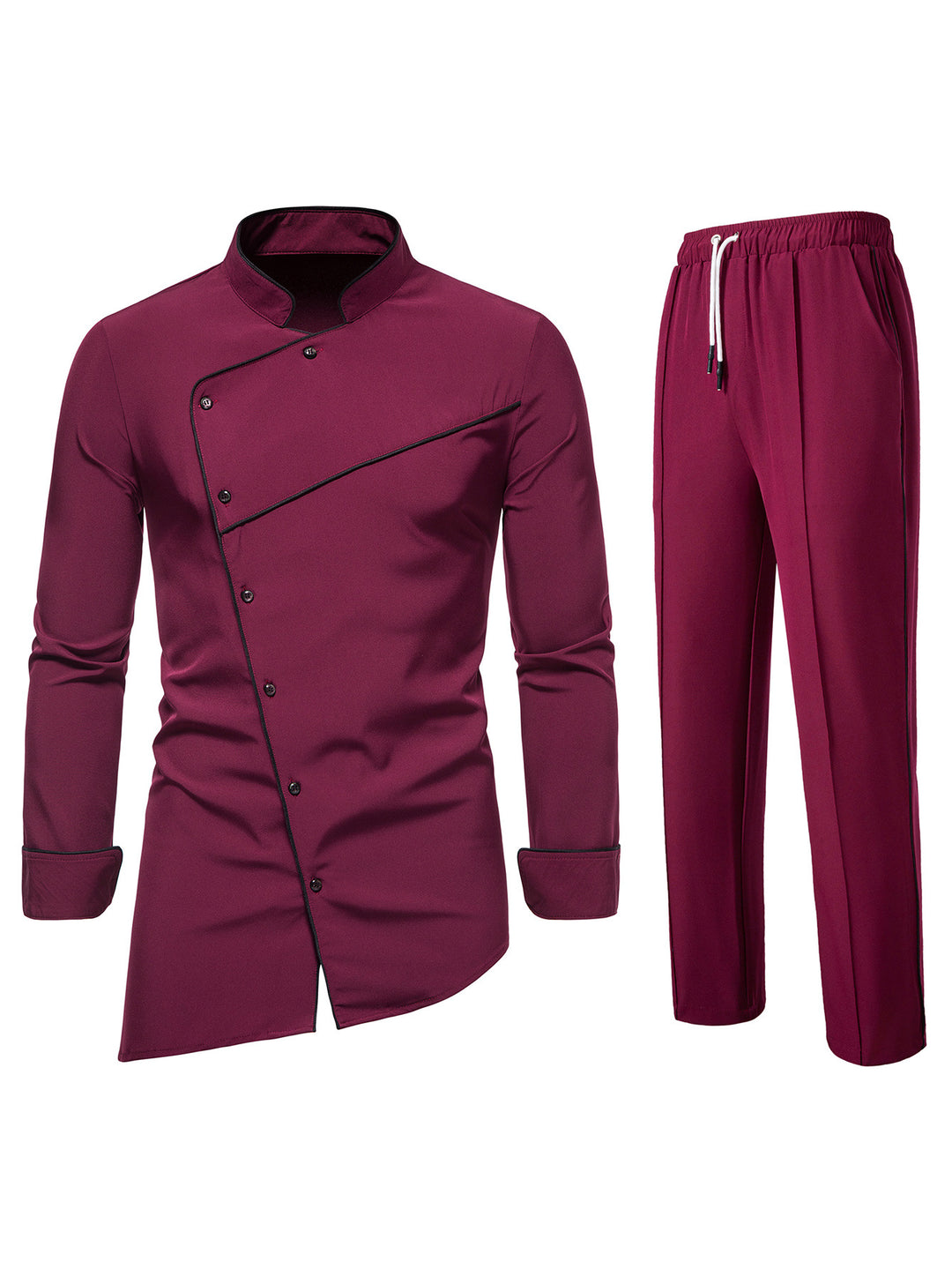Herren Kochjacke- und Hose-Set aus pflegeleichtem Mikrofaser mit asymmetrischer Knopfleiste und schwarzer Paspelierung Nord Taschen