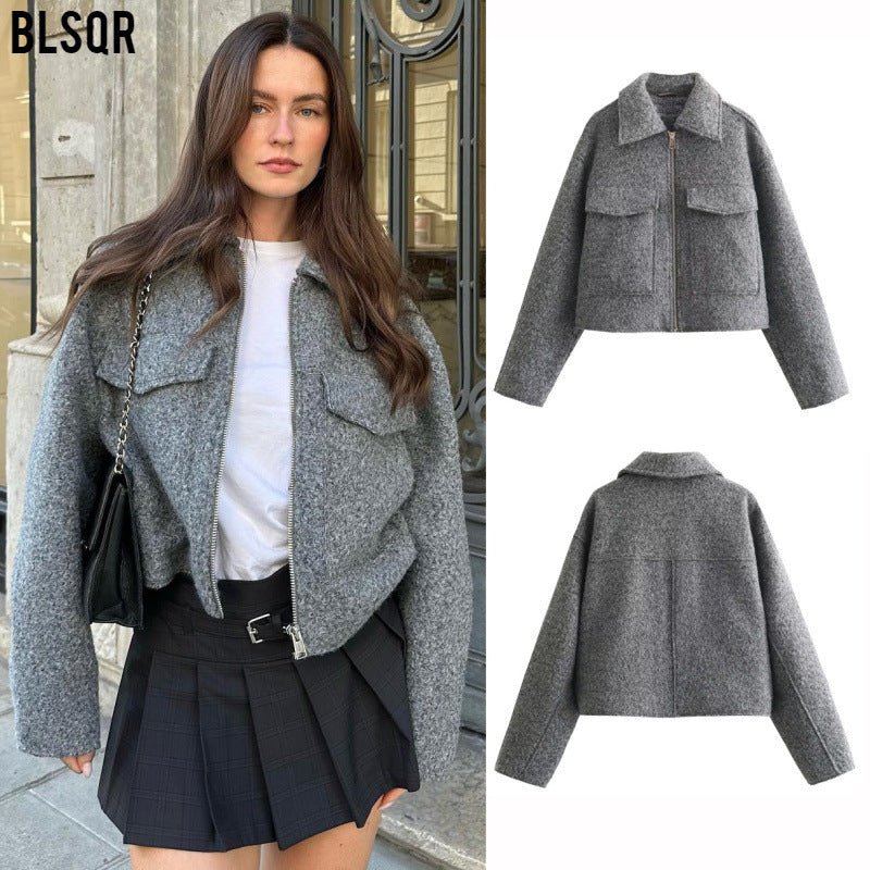 Damen Kurze Wolloptik-Boxyjacke mit Reißverschluss und aufgesetzten Pattentaschen Nord Taschen