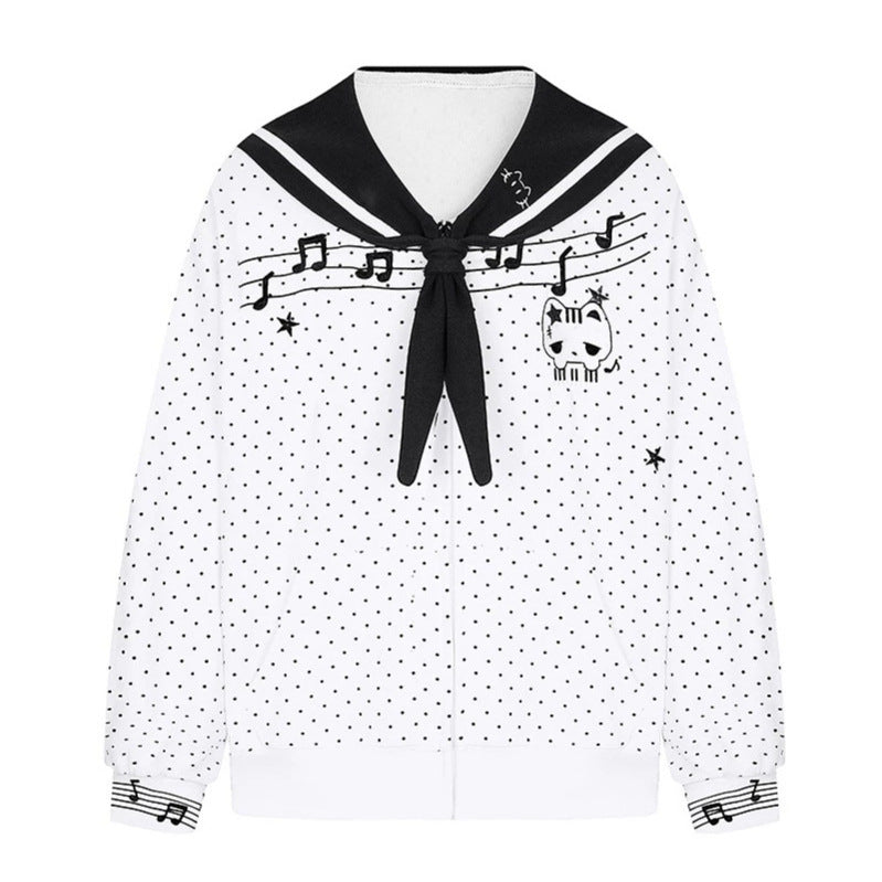 Damen Reißverschluss‑Sweatjacke im Matrosenstil mit Schleifenkragen, Polka‑Dot und Musikmotiv Nord Taschen