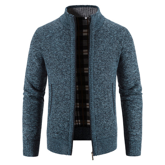 Herren Strickjacke mit durchgehendem Reißverschluss, Stehkragen und kariertem Futter Nord Taschen