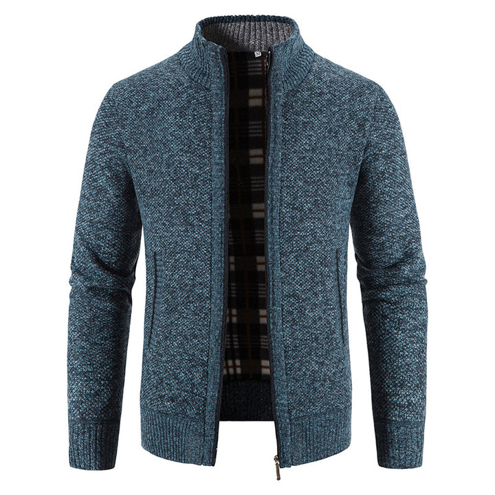 Herren Strickjacke mit durchgehendem Reißverschluss, Stehkragen und kariertem Futter Nord Taschen