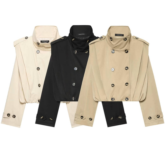 Damen Cropped Trenchjacke im Cape-Look mit doppelreihiger Knopfleiste und hohem Stehkragen Nord Taschen