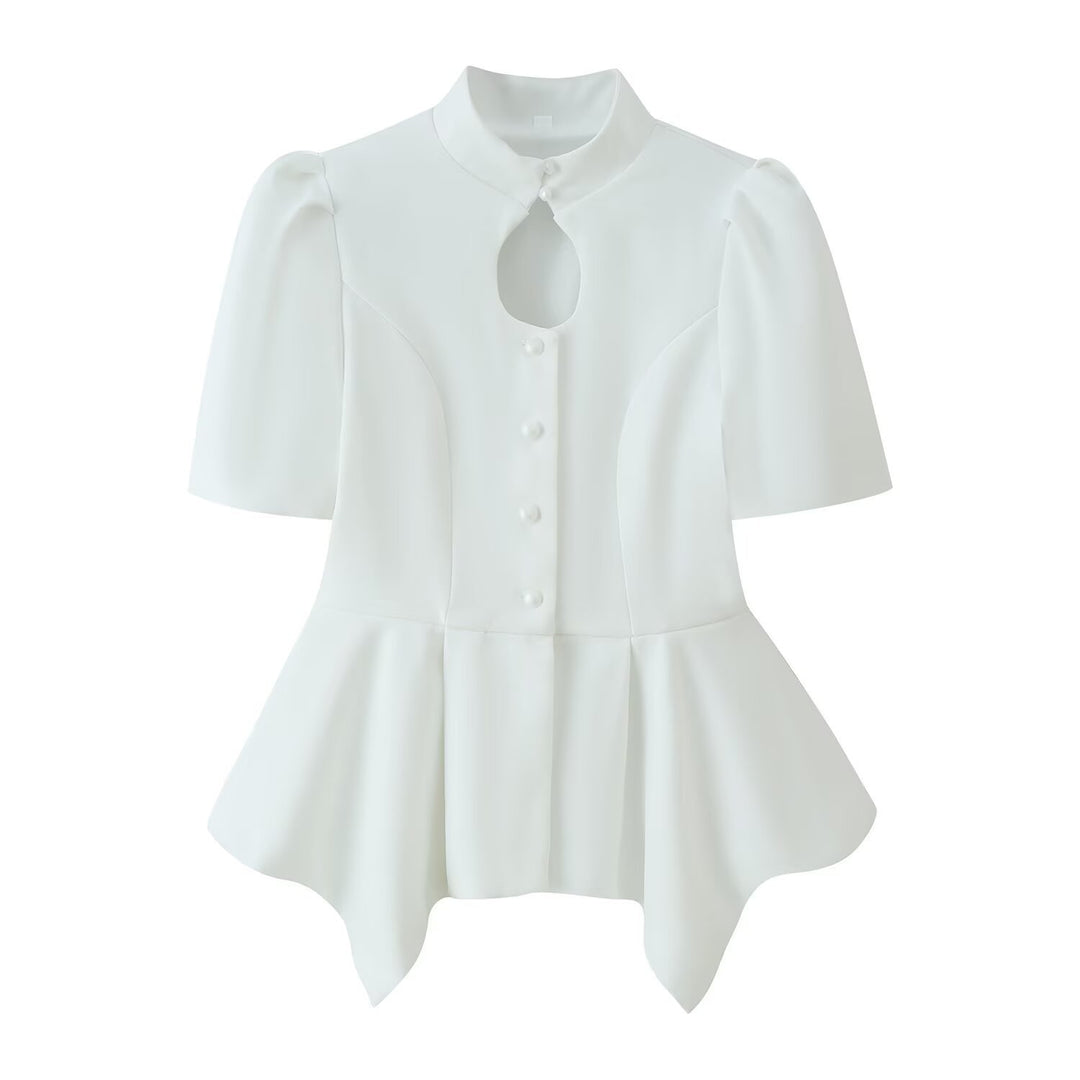 Damen Taillierte Bluse mit Stehkragen, Cut-Out-Ausschnitt und asymmetrischem Schößchen Nord Taschen