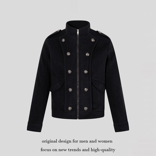 Herren kurze militärisch inspirierte Wolljacke mit Stehkragen & doppelreihigen Zierknöpfen Nord Taschen