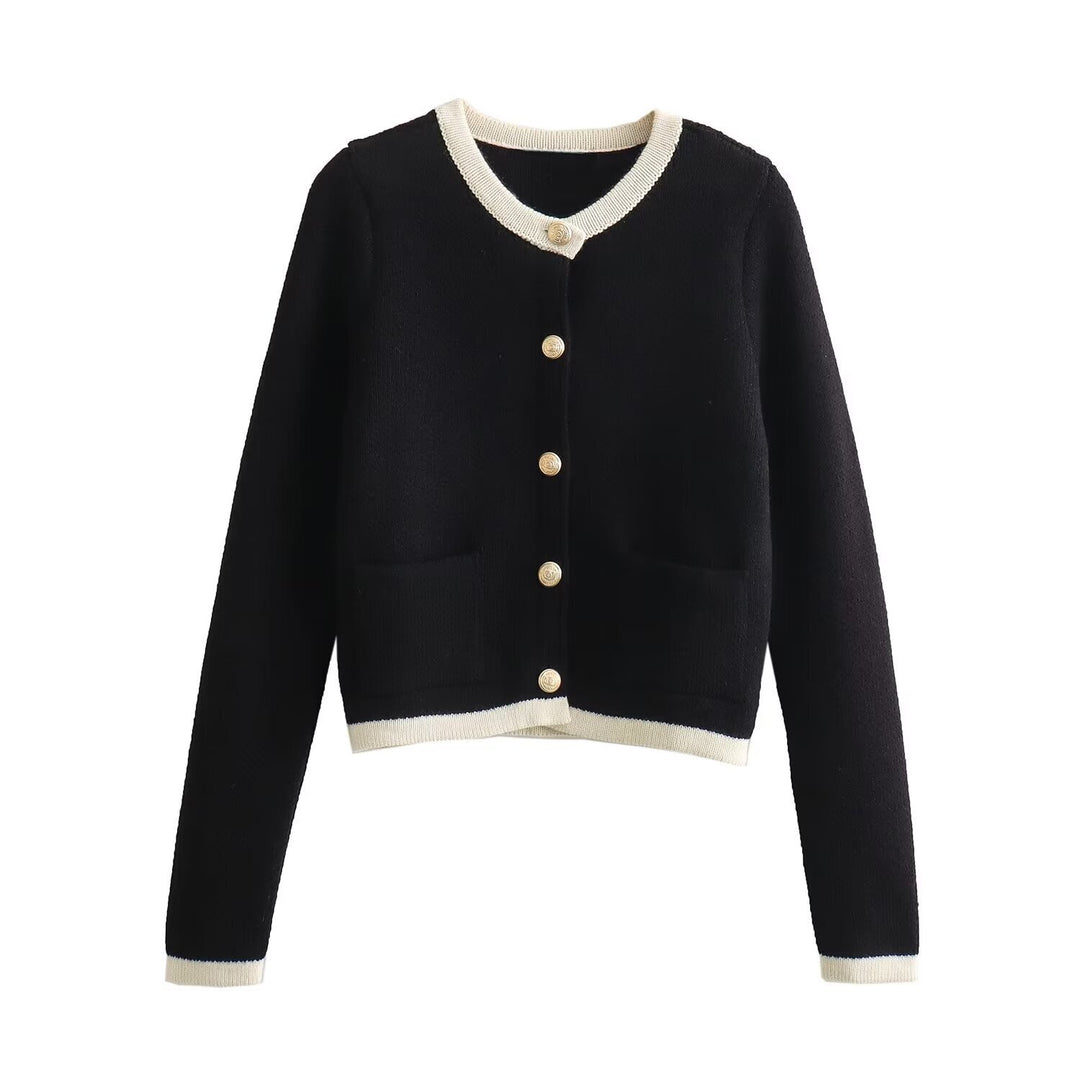 Damen Kurzgeschnittener Bouclé-Cardigan mit Rundhals, Pattentaschen und Münzknöpfen Nord Taschen