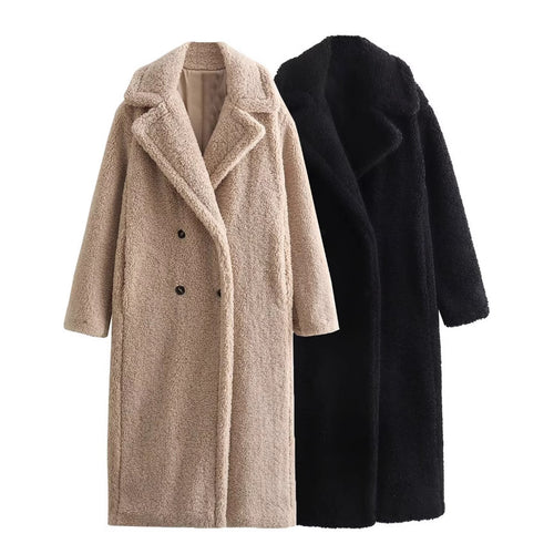 Damen 900+ langer Teddy‑Mantel im Oversize‑Cut mit Doppelreihe, Reverskragen und wärmender Innenfutter Nord Taschen