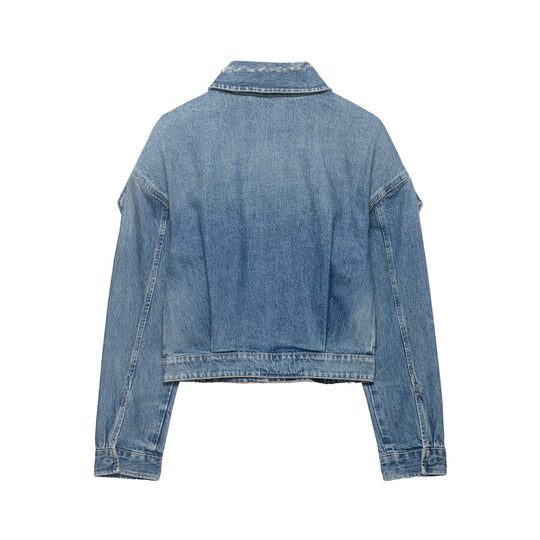 Damen Cropped Jeansjacke mit Epauletten, verdeckter Knopfleiste und Taillenriegel Nord Taschen