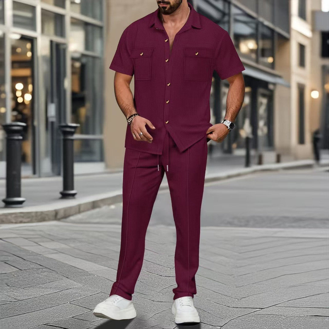 Herren nan lässiges Lounge-Ensemble Campkragen-Hemd mit aufgesetzten Brusttaschen und konisch zulaufender Tunnelzughose Nord Taschen