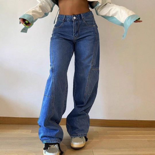 Damen High-Waist weite Cargo-Denimhose mit Nahtpaneelen und Baggy-Silhouette Nord Taschen