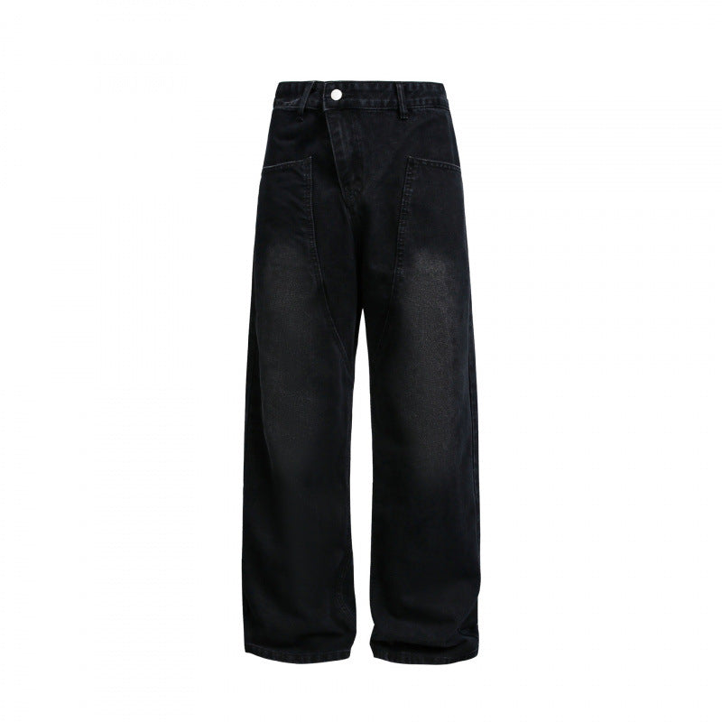 Damen Weite High-Waist Denim-Hose mit geschwungenen Vordertaschen Nord Taschen
