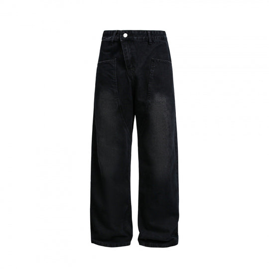Damen Weite High-Waist Denim-Hose mit geschwungenen Vordertaschen Nord Taschen