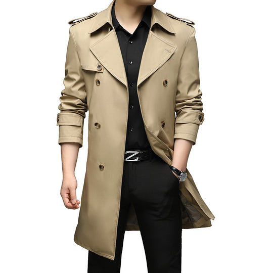 Herren Langer Slim-Fit Doppelreihiger Trenchcoat mit Epauletten und Taillengürtel Nord Taschen