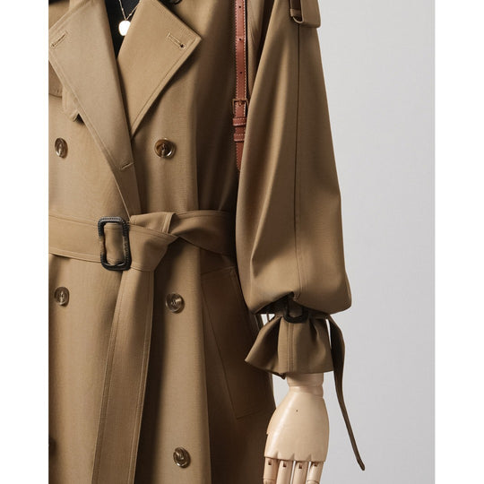 Damen Trenchcoat mit Ballonärmeln, doppelreihiger Schnitt und Taillengürtel Nord Taschen