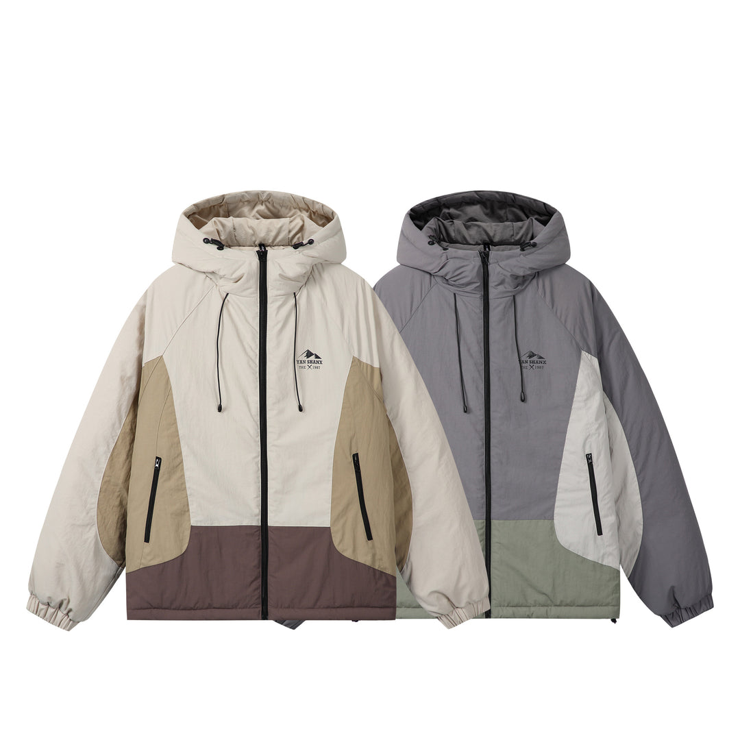 Unisex Boxy Colorblock Kapuzenpufferjacke mit winddichter Hülle und Reißverschlusstaschen Nord Taschen