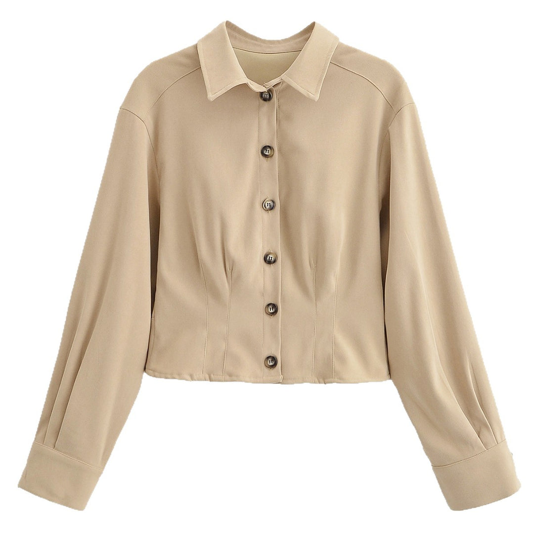 Damen Taillierte Cropped-Hemdjacke mit Wiener Nähten und Ballonärmeln Nord Taschen