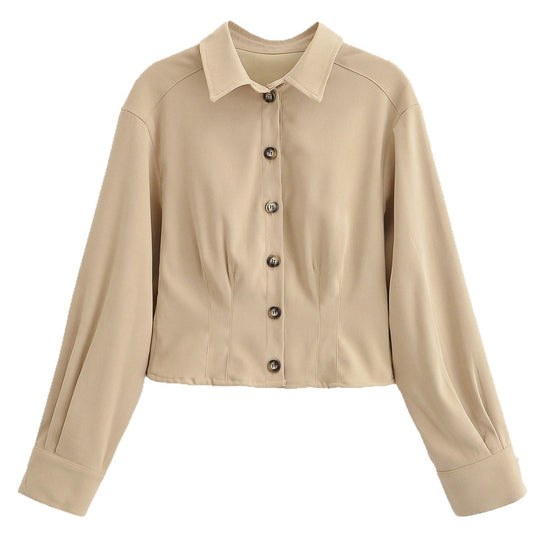Damen Taillierte Cropped-Hemdjacke mit Wiener Nähten und Ballonärmeln Nord Taschen