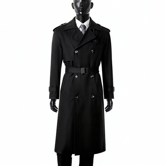 Herren Zeitloser Maxilanger Trenchcoat im Military-Stil mit Sturmklappe und Taillengürtel Nord Taschen