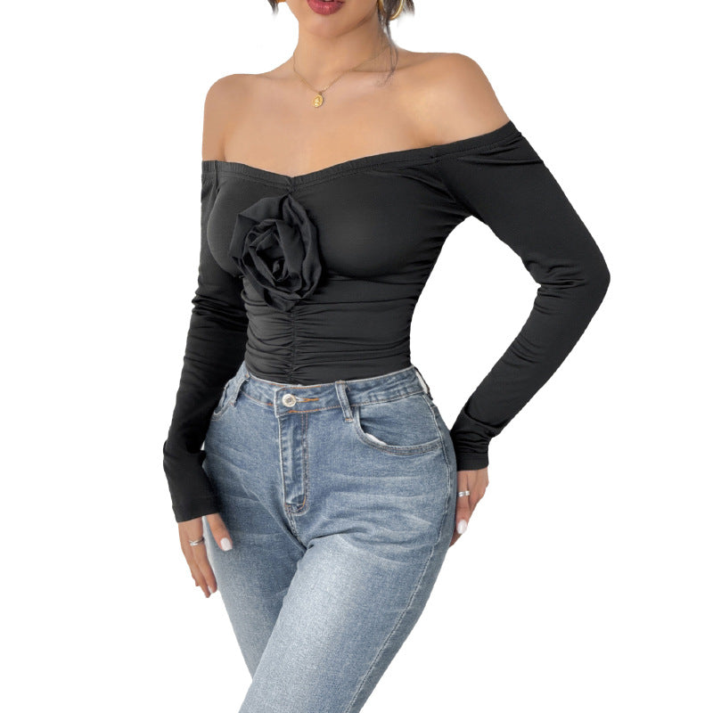 Damen Schulterfreies Longsleeve mit Rosenapplikation und taillierter Raffung Nord Taschen