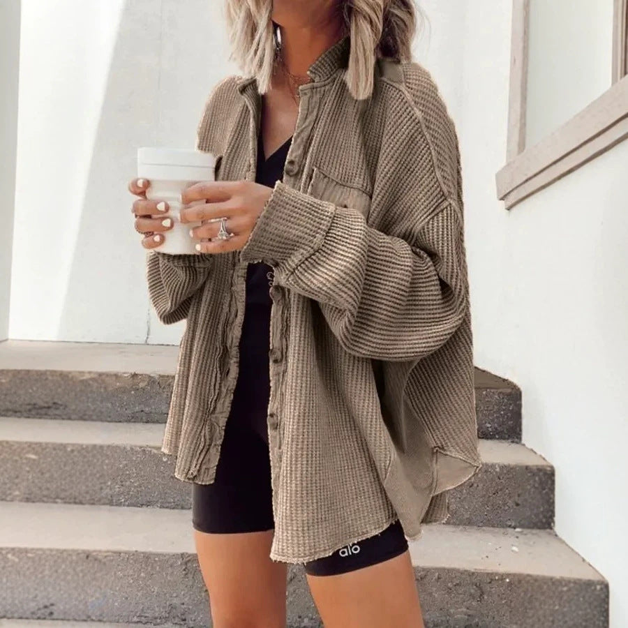 Damen Waffelstrick-Overshirt mit Knopfleiste und Brusttasche Nord Taschen