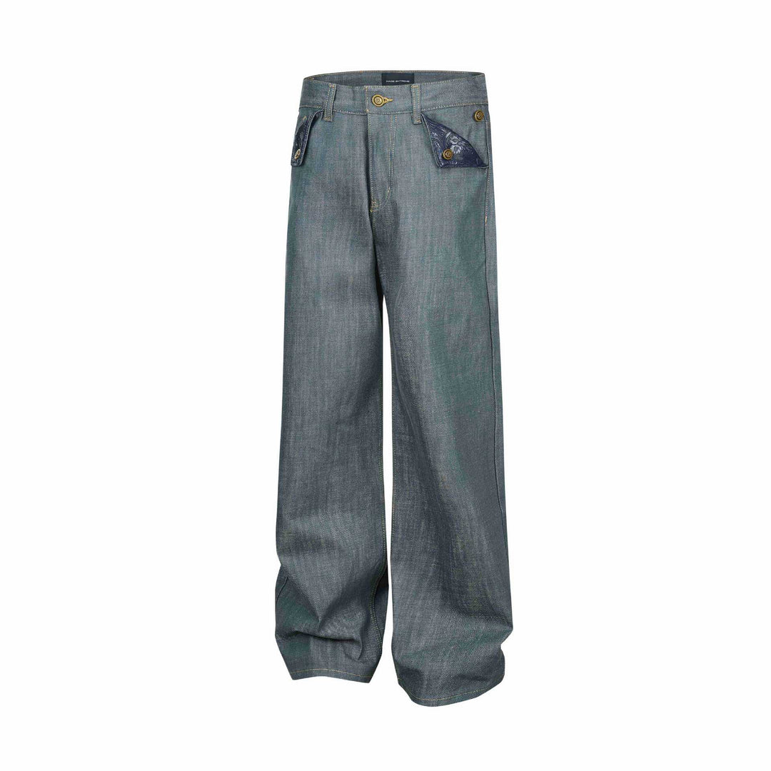 Damen Weite High‑Waist Jeanshose mit dekorativen Umschlagtaschen Nord Taschen