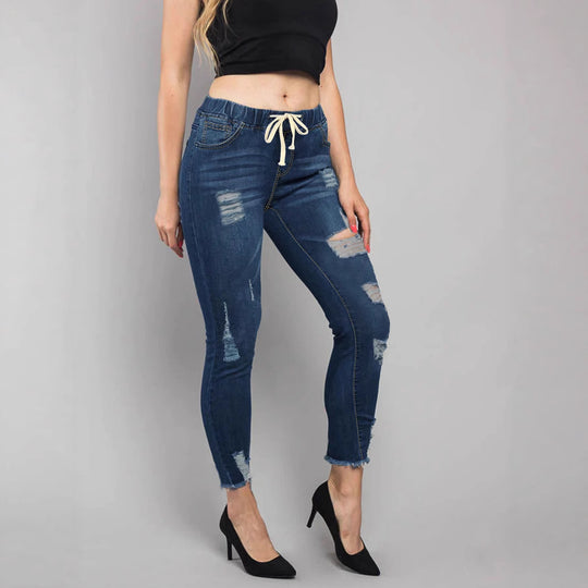 Damen Hochtaillierte Destroyed-Jogger-Jeans mit elastischem Tunnelzugbund und gekürztem Fransen-Saum Nord Taschen