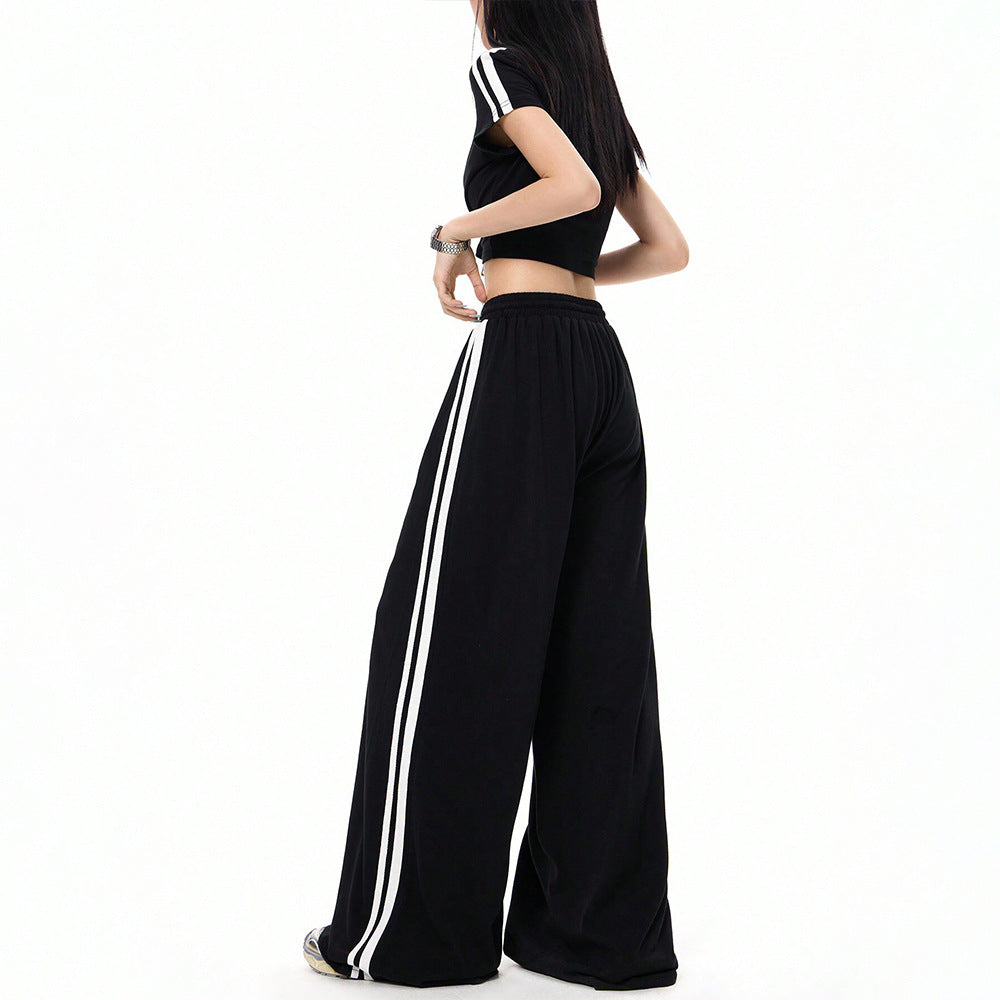 Damen lässige Highwaist weite Sweathose mit elastischem Bund, Tunnelzug und seitlichen Kontraststreifen Nord Taschen
