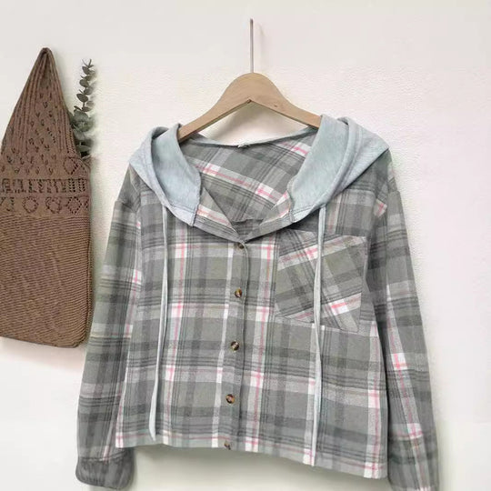 Damen nostalgische Karobluse mit Kapuze und Knopfverschluss