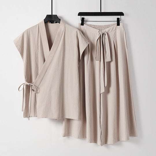 Damen Kimono-Loungewear-Set mit Wickeloberteil und weiter Palazzo-Hose Nord Taschen