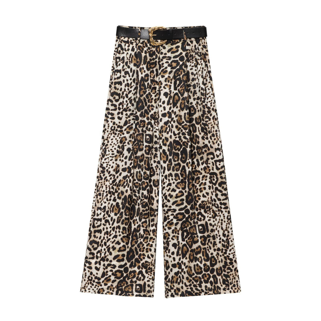 Damen High‑Waist Palazzo‑Hose mit Leoparden‑Print, weitem Bein und Ziergürtel Nord Taschen
