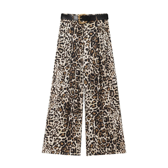 Damen High‑Waist Palazzo‑Hose mit Leoparden‑Print, weitem Bein und Ziergürtel Nord Taschen