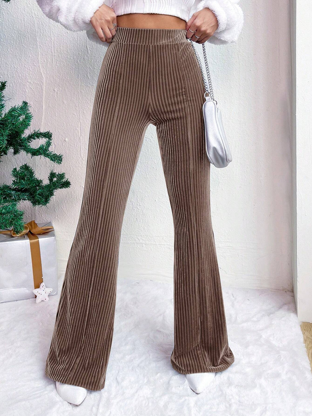 Damen Hochtaillierte Samt‑Cordhose mit Plissee‑Optik und weitem Bein Nord Taschen