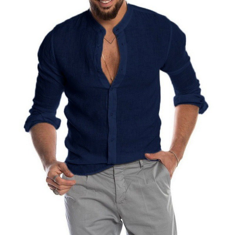 Herren Leichtes Leinenhemd mit Stehkragen, Slim-Fit und durchgehender Knopfleiste Nord Taschen