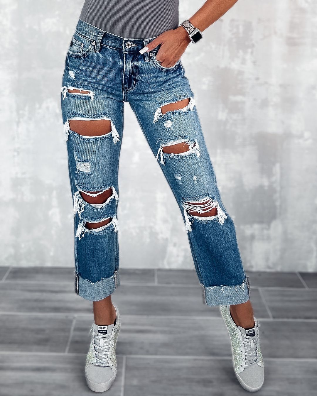 Damen Ripped Boyfriend Jeans im angesagten Vintage-Look mit weitem Bein
