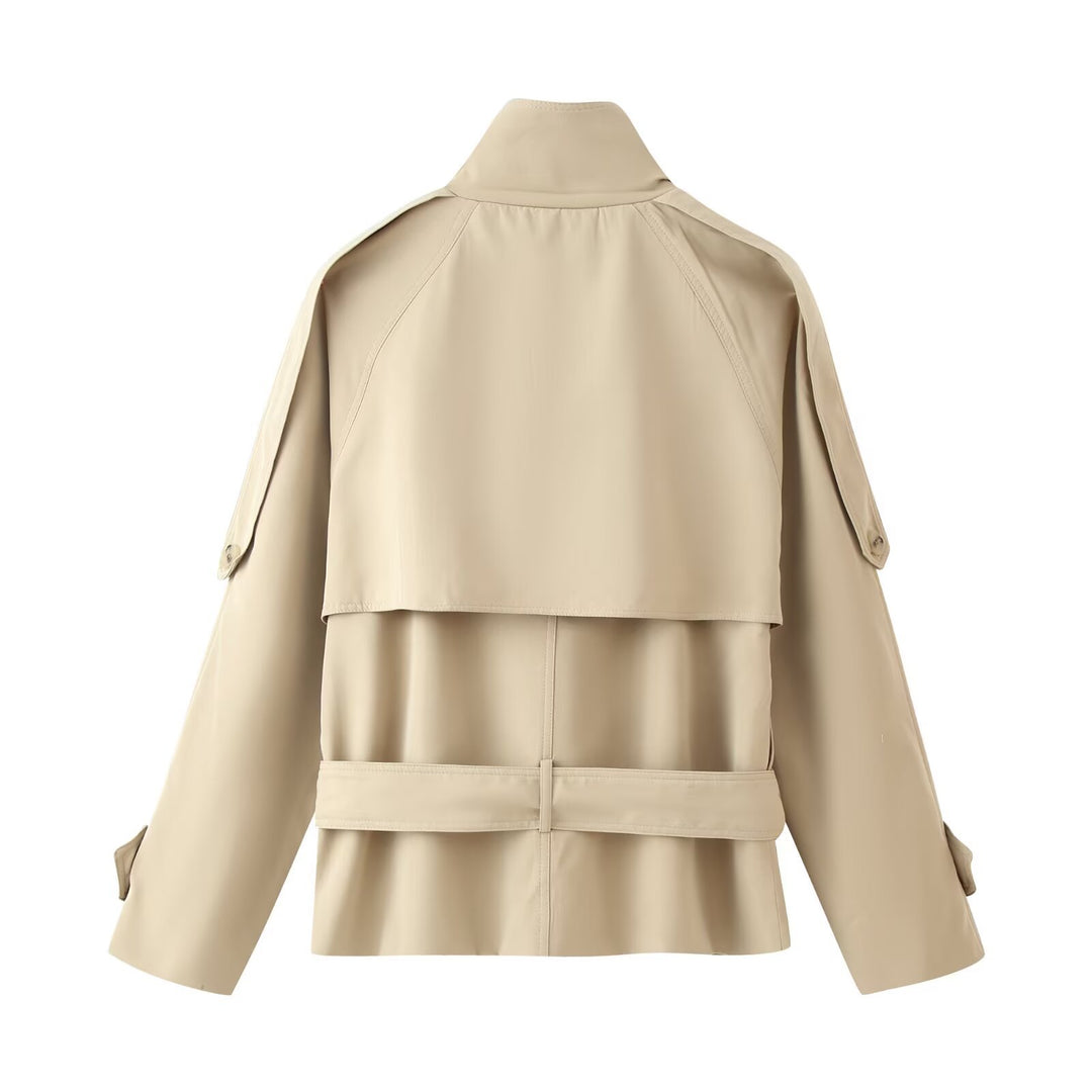Damen Kurz-Trenchcoat mit Taillengürtel und Stehkragen Nord Taschen