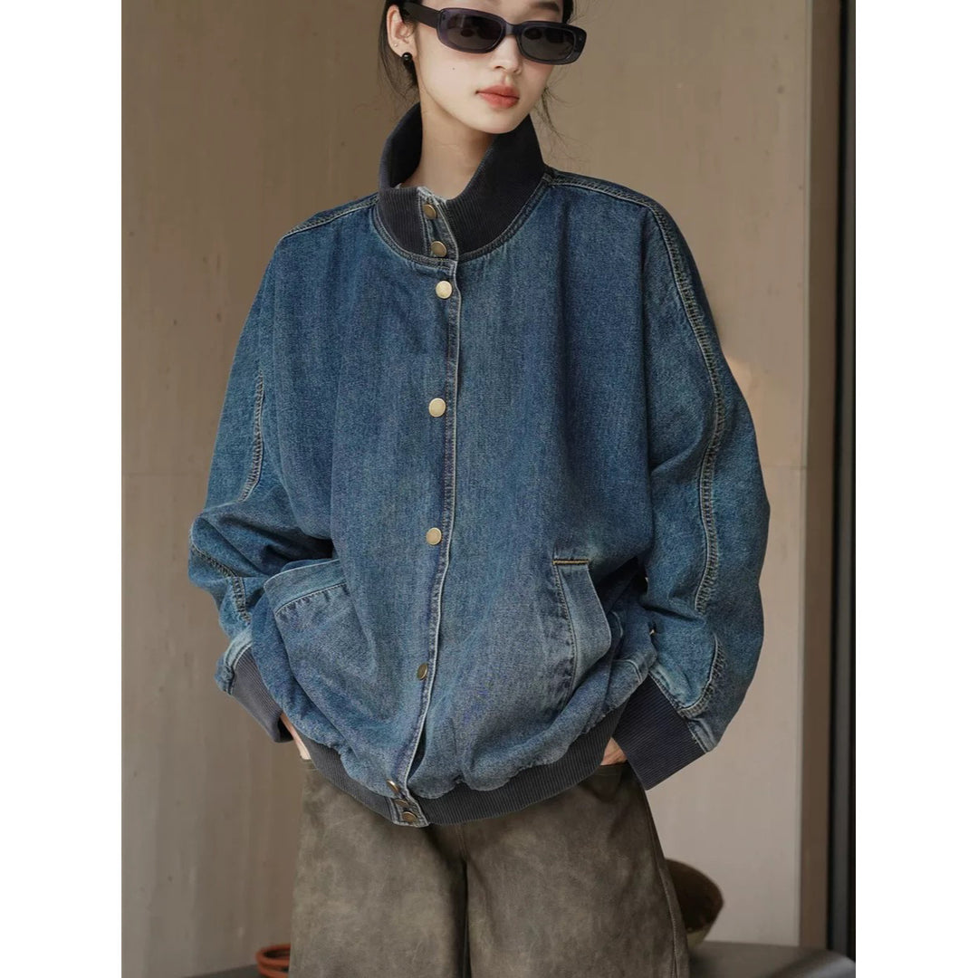 Damen Oversized Jeans-Bomberjacke mit Rippkragen und Druckknopffront Nord Taschen