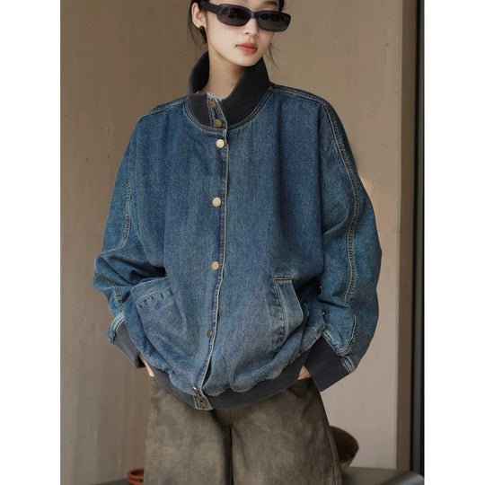 Damen Oversized Jeans-Bomberjacke mit Rippkragen und Druckknopffront Nord Taschen